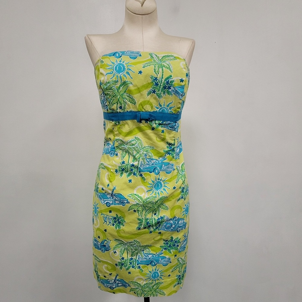 Lilly Pulitzer Vintage Sabrina Dress Size 6 Cruisin Car Print Strapless‎ Bow - Picture 1 of 9